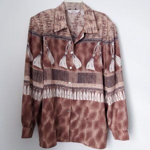 Y2K Women's Country Western Shirt Blouse Button Down Collared Cuffs Vents V Neck